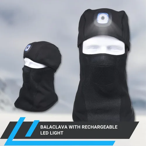 Vista 5 de Pasamontañas con luz LED recargable, resistente al agua, máscara térmica unisex de cara completa para actividades al aire libre, luz manos libres
