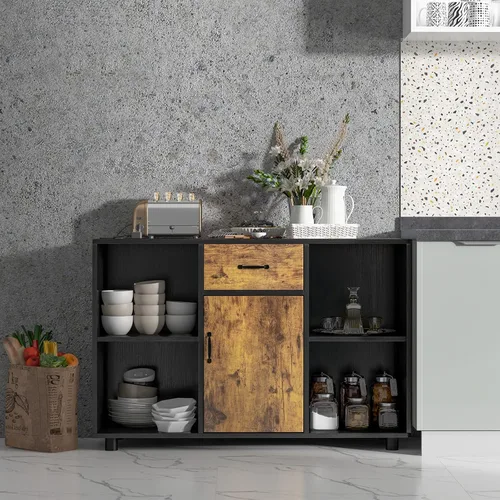 Vista 8 de Giantex Aparador grande para bufé con almacenamiento, isla estacionaria con organizador de 4 cubos, 1 cajón, armario de 1 puerta, armario de cocina