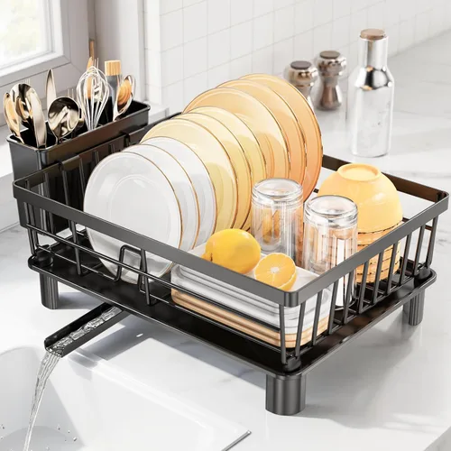 Vista 10 de Escurridor de platos expandible para encimera de cocina, acero inoxidable 304, placa retráctil abatible, ajustable multidireccional, estante