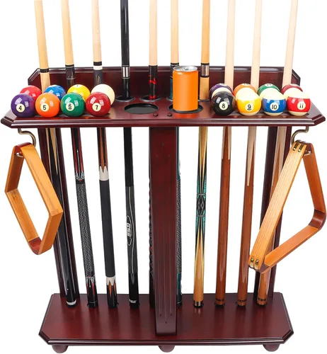 Vista 9 de GSE Games & Sports Expert Estantes para tacos de billar con soporte de suelo estilo esquinero con contadores de puntuación, contiene tacos