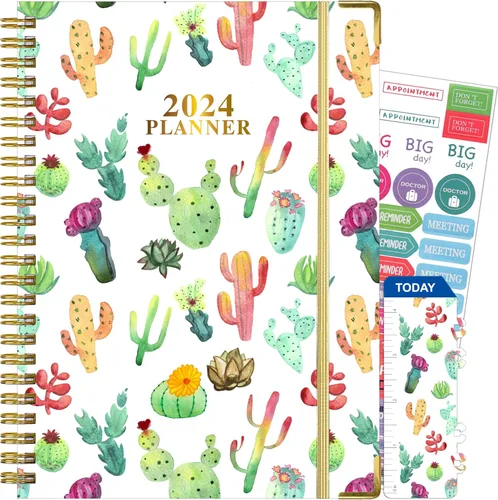 Vista 8 de Agenda 2024 semanal y mensual, agenda 2024 en espiral con pestañas mensuales, bolsillo trasero, calcomanías, agenda de tapa dura, tamaño A5, enero