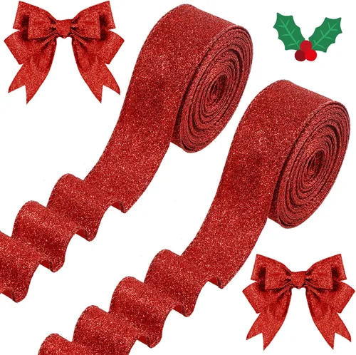 Vista 7 de 2 Rollos 20 Yardas Cinta de Navidad con Alambre Cinta Gruesa con Purpurina Cinta Metálica con Alambre para Envolver Regalos Cinta de Árbol