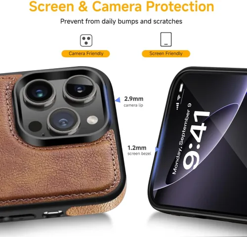 Vista 7 de Logo Visible - Funda compatible con iPhone 13 Pro, funda de cuero vegano de lujo, ultra delgada, funda de negocios 2021 de 6.1 pulgadas (marrón)