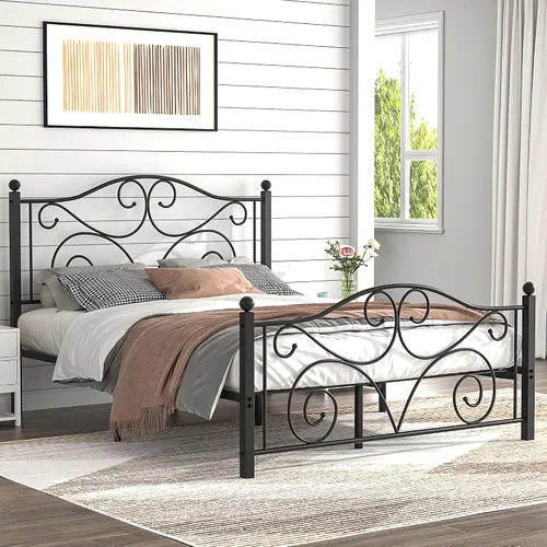 Vista 23 de VECELO Base de cama con dosel de metal, tamaño individual, base de colchón con plataforma de 4 pósteres con cabecero, soporte de listones de acero