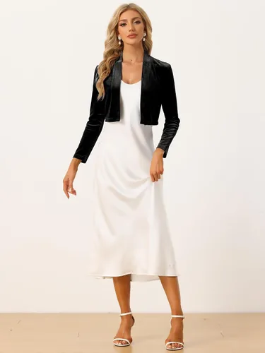 Vista 4 de Allegra K Bolero de terciopelo para mujer, de manga larga, con frente abierto, para cóctel, fiesta, bolero recortado