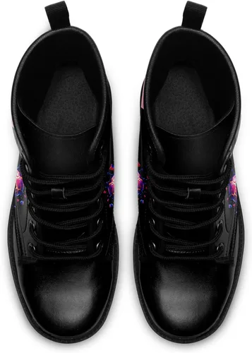 Vista 5 de Botines de combate para mujer, con estampado de corazón, botines cortos de moda con rosas y calavera, botas de trabajo duraderas con cordones
