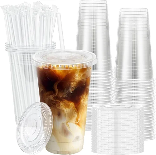 Vista 10 de Lamosi Paquete de 100 vasos de plástico transparente de 12 onzas con tapas y pajitas, tazas desechables para café helado con tapas para bebidas