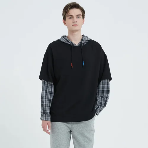 Vista 4 de GURUNVANI Sudaderas con capucha de moda para hombre, con bloques de color, cuello redondo, con capucha, retazos