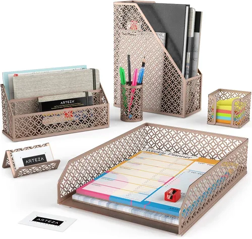 Vista 7 de ARTEZA Juego organizador de escritorio, 6 piezas, gris oscuro, incluye vaso para lápices, clasificador de cartas, bandeja, soporte para revistas