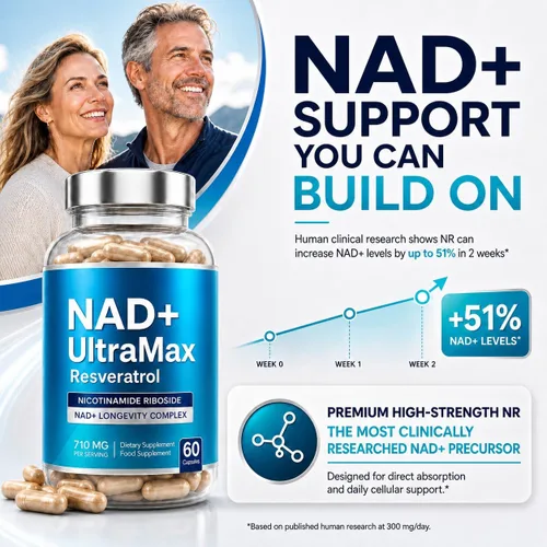 Vista 2 de UltraMax NAD+ Suplemento con resveratrol – Ribosida de nicotinamida (NR), quercetina y fenogreco de alta resistencia, 30 porciones Energía celular
