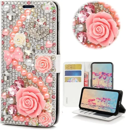 Vista 23 de Bling - Funda tipo cartera para teléfono compatible con Samsung Galaxy Z Fold 3 5G, elegante, hecha a mano en 3D con lazo de cristal, bolsa de rosa