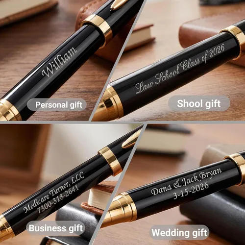 Vista 3 de Ancolo Bolígrafos Negros Personalizados para Negocios Ejecutivos - Punta Media con 10 Recambios de Tinta Negra Personalizados con Tu Nombre