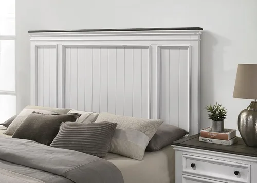 Vista 3 de Roundhill Furniture Clelane Shiplap - Cama con paneles de madera, tamaño Queen, color blanco desgastado y nogal