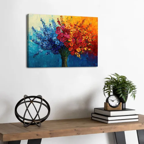 Vista 5 de Arte de pared de flores coloridas, pintura de flores silvestres, color verde azulado, rojo, naranja, textura abstracta, cuadro botánico, impresiones