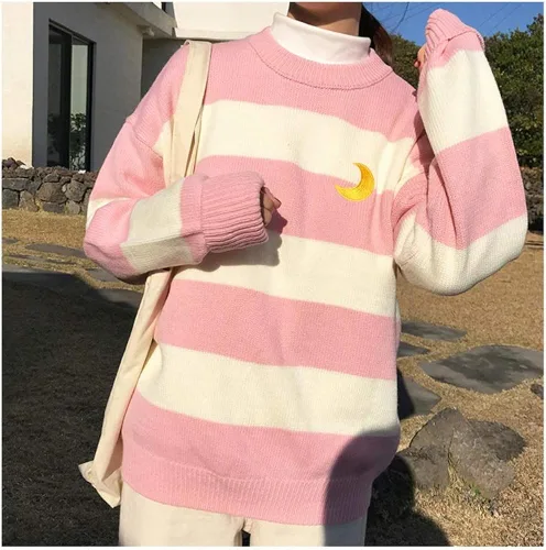Vista 4 de Suéter Harajuku Moon para mujer, con cuello redondo, a rayas, para invierno, para estudiantes