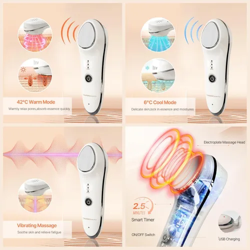 Vista 3 de Masajeador facial sónico frío caliente, calentamiento a 107.6 °F y dispositivo de enfriamiento de la piel a 42.8 °F con vibración, herramienta