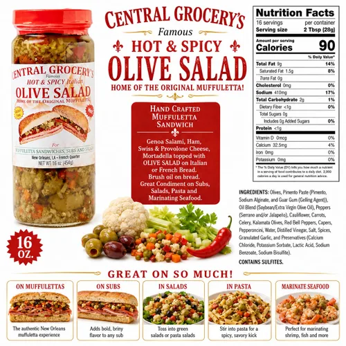Vista 2 de Central Grocery - Ensalada de aceitunas – Combo de 16 onzas – Ensalada de aceitunas caliente y original – Perfecto para muffulettas, sándwiches