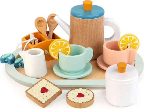 Vista 9 de Juego de Fiesta de Té con Soporte para Postres - Juguetes de Madera de Comida de Juego de Simulación y Accesorios de Cocina para Juego de Té