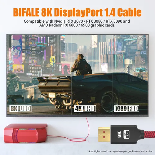 Vista 6 de BIFALE Cable DisplayPort 1.4 8K certificado VESA de 25 pies, cable DP 1.4 de nailon trenzado (8K @60Hz, 4K @144Hz y 1080P @240Hz), HBR3, 32.4Gbps