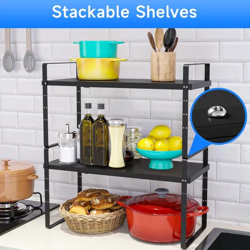 Vista 6 de Organizador de estante expandible para gabinete, almacenamiento apilable para mostrador de despensa de cocina, soporte ajustable para armario, Negro