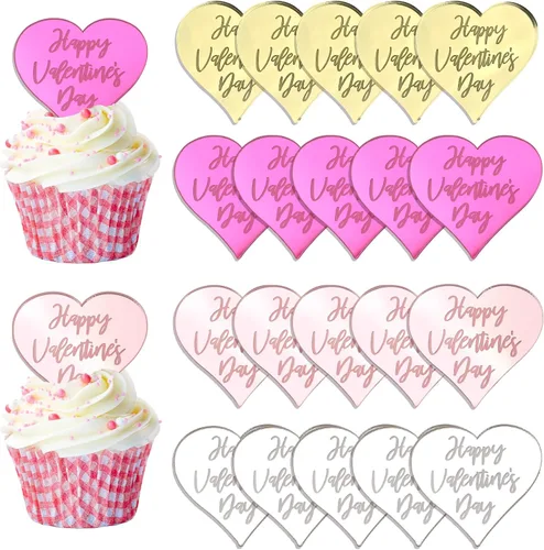 Vista 11 de Decoración para el Día de San Valentín – 20 unidades de discos y palillos para tartas de corazón, decoración de acrílico con espejo