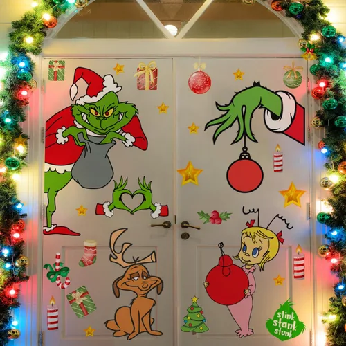 Vista 3 de Adhesivo decorativo para puerta de Navidad, calcomanías de puerta de vidrio de temporada extraíbles con calcomanías de copo de nieve para ventana