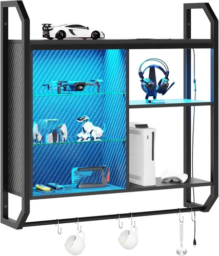 Vista 10 de Bestier Estantes flotantes LED de 25" para juegos en pared, estante montado en la pared con tubo ajustable de vidrio, estante de exhibición colgante