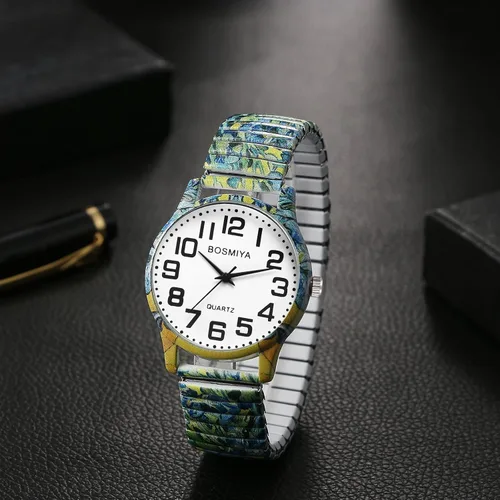 Vista 2 de Lancardo Reloj de banda elástica bohemia: cuarzo grande y fácil de leer con esfera de números árabes correa de pintura de iris para hombres