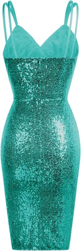 Vista 2 de Grace Karin Vestido sexy de lentejuelas con purpurina brillante, para mujer, vestido de fiesta y club, fruncido, con tirantes delgados, cuello en V