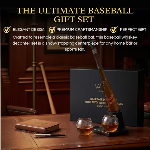Vista 3 de Regalos de béisbol para hombres, juegos de decantador de whisky para hombres, juego de decantador de bate de béisbol de 20 onzas con 2 vasos, regalo