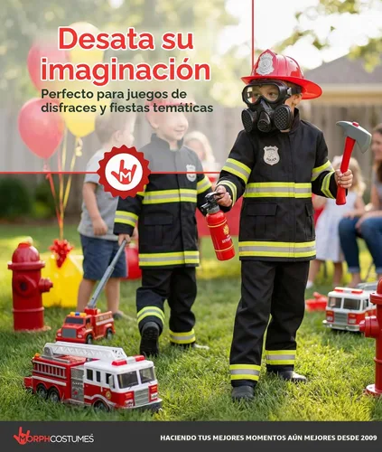 Vista 6 de Morph - Disfraz de bombero para niños (2 colores) - Disfraz de bombero y de bombero para niños, para Halloween Negro