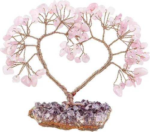 Vista 12 de mookaitedecor Árbol de cristal de corazón de aguamarina con base de amatista natural, árbol de dinero de la suerte para adorno de boda, Feng Shui