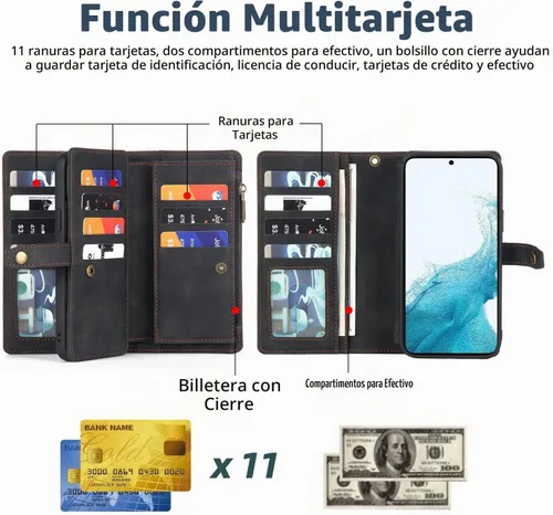 Vista 4 de TwoHead - Funda tipo cartera para Samsung Galaxy S22, 11 tarjeteros, color negro Sueño Negro