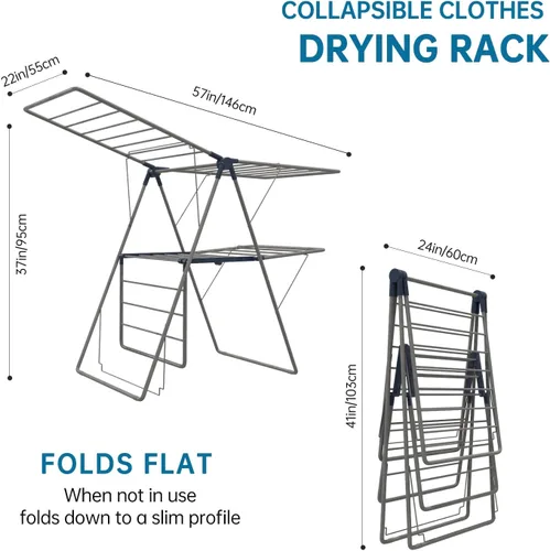 Vista 6 de Clothes Drying Rack Outdoor, Foldable Laundry Drying Rack Heavy Duty, Free-Standing Folding Clothes Hanger with Height-Adjustable Wings, 2 Tier