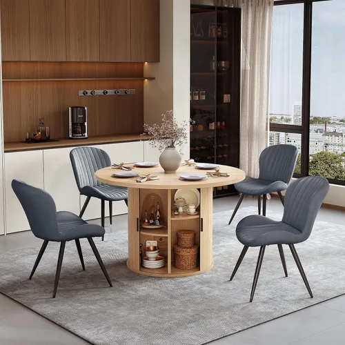Vista 27 de Miereirl Moderno juego de comedor de 5 piezas para mesa redonda de madera de 4,31.5 pulgadas con estante de almacenamiento semiabierto y puerta