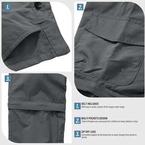 Vista 4 de Asfixiado Pantalones cargo para niños, casuales para exteriores, de secado rápido, impermeables, senderismo, escalada, convertibles