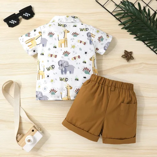 Vista 3 de JEELLIGULAR Conjunto de ropa de verano para bebé niño de manga corta con botones y pantalones cortos, trajes casuales para caballeros de 1 a 6 años