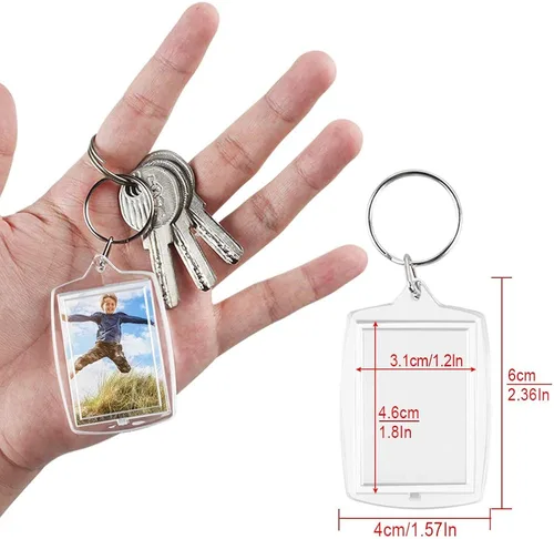 Vista 3 de 30 llaveros para insertar fotos, llaveros acrílicos transparentes en blanco, marco de fotos con anillo dividido para tamaño personalizado