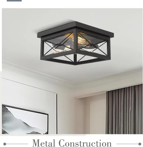 Vista 3 de Emliviar, lámpara de techo para interiores y exteriores, 0387B-CL Farmhouse metal cage with clear glass shade; 2 E26 bulbs; for kitchen, hallway