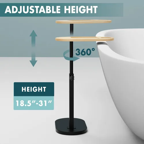 Vista 3 de Mesa de bambú para tina con base resistente y soporte de metal grueso, altura ajustable, accesorios perfectos para bañera de baño, escritorio