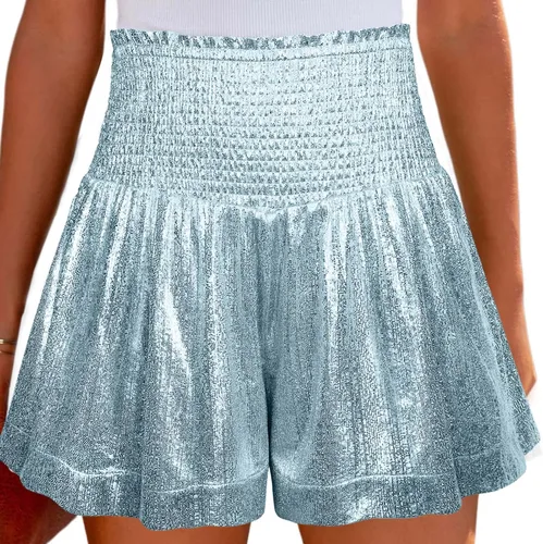 Vista 2 de Pantalones cortos deportivos, elásticos, ligeros, con purpurina, sueltos, acampanados, de cintura alta, para mujer, pantalones de tiro alto, SL2.
