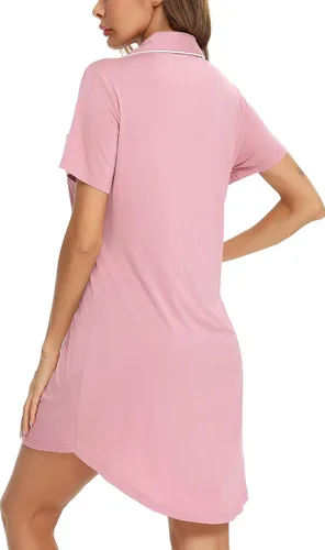 Vista 62 de Samring Camisón de pijama para mujer, manga corta/larga, con botones, camisón para dormir, camisón para novio, talla XXL