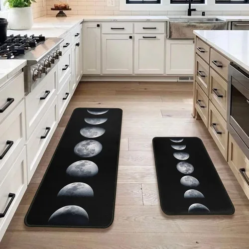 Vista 2 de Moon - Juego de 2 alfombras de cocina, antideslizantes, color negro, alfombra de pasillo para decoración de suelo de cocina, 17 x 47 + 17 x 30