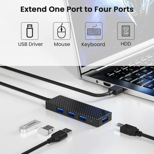 Vista 3 de INVZI Hub USB 3.0 de 4 puertos, divisor USB de datos ultra delgado con cable extendido de 2 pies compatible con PC, MacBook, Mac Pro/Mini, iMac