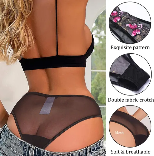 Vista 4 de Avidlove Bragas sexy para mujer, paquete de bragas de malla bordadas con mariposa
