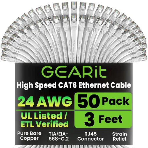 Vista 23 de GEARit Paquete de 50 cables Ethernet Cat6 de 0.5 pies Cable de conexión de red RJ45, conectores chapados en oro sin enganches de 10 Gbps, cable
