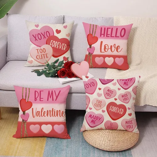 Vista 4 de Juego de 4 fundas de almohada decorativas para el día de San Valentín de 18 x 18 pulgadas, color rosa y rojo con texto en inglés "Hello Love Be My