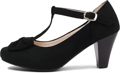 Vista 2 de Elerhythm Zapatos de tacón estilo Mary Jane vintage para mujer con lazo Gatsby de los años 50, puntera cerrada, estilo victoriano de los años 20
