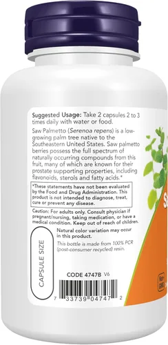 Vista 3 de NOW Suplementos, Bayas de palma enana americana (Serenoa repens) 550 mg, Salud masculina*, 100 cápsulas vegetales