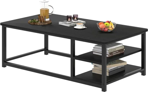 Vista 8 de EXCEFUR Mesa de centro negra, mesa de sala de estar de madera rústica con estante de almacenamiento, mesa central rectangular moderna, 47 pulgadas